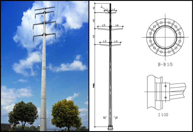 128kv 電気鋼鉄電信柱専門の等級 3 の 65ft の 1000kg 負荷 1